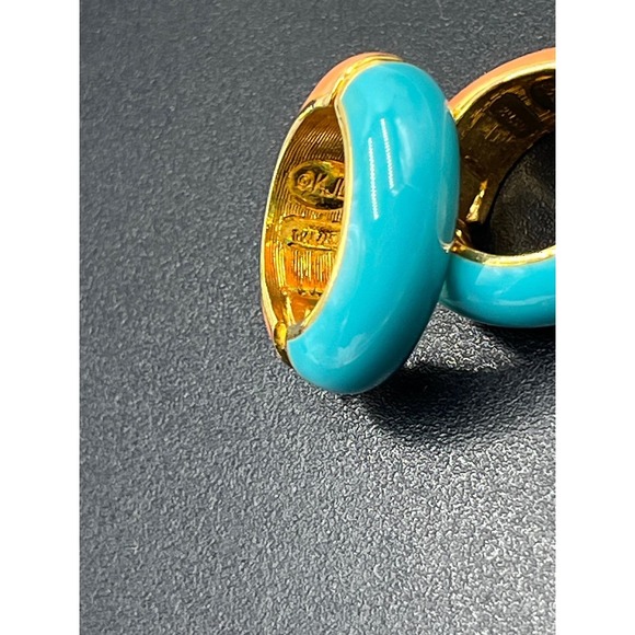 KJL Vintage KJL Signed Blue Orange Enamel Huggie Hoop Earrings snap on versatile - Picture 9 of 11